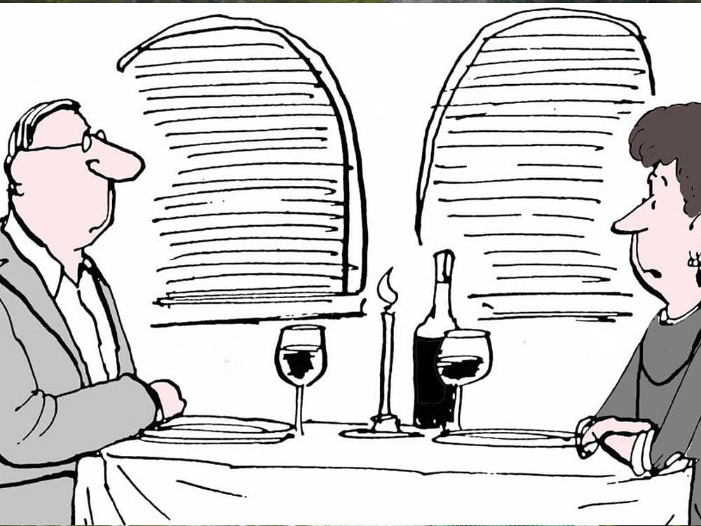 B&W illustration of middle-aged couple sitting in a restaurant and drinking a glass of wine.