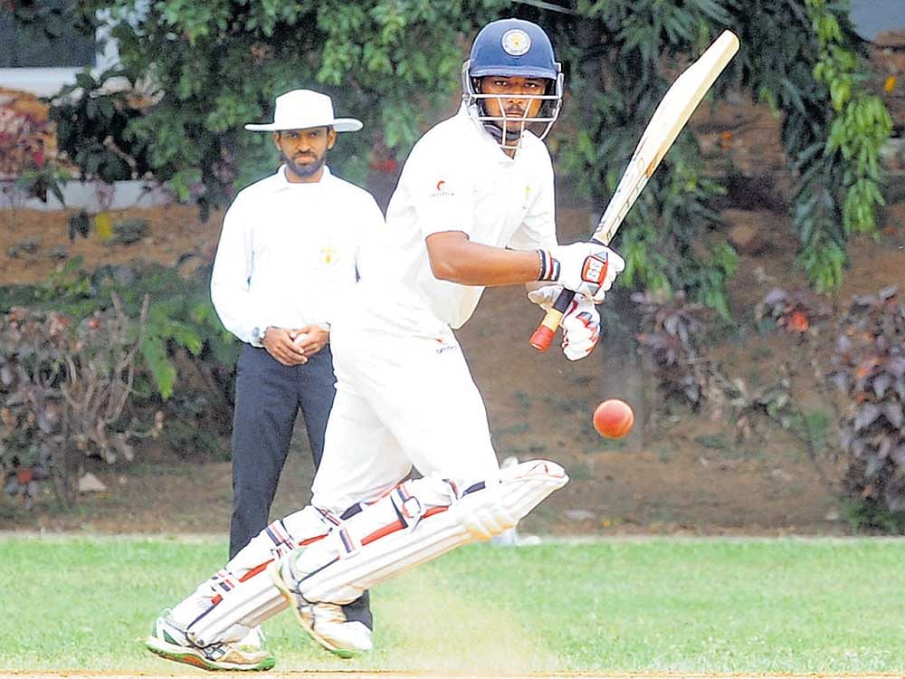 President's XI batsman Abhishek Reddy in action during his knock of 201 off 193 balls during their Safi Darashah tie against Bangalore Zone on Monday. DH Photo