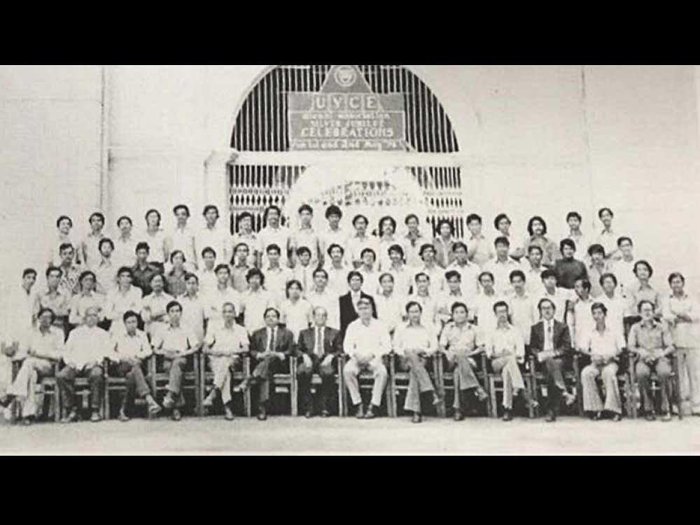 This photograph of UVCE mechanical batch was taken in 1976 at the main entrance of the college at the time of graduation.