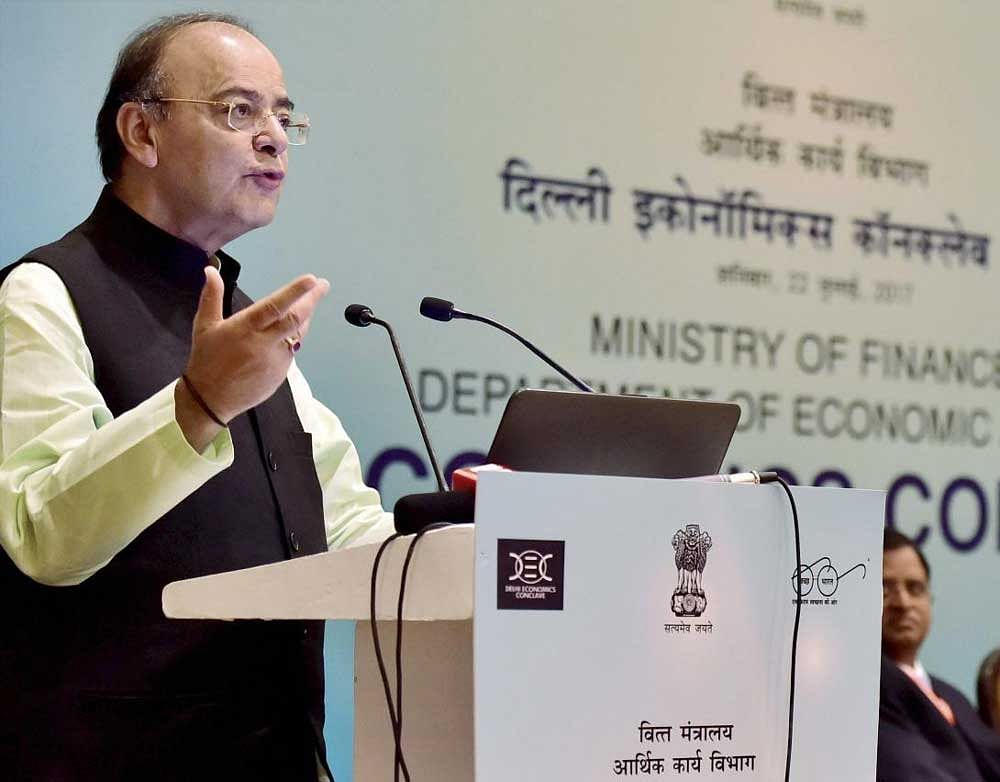 Finance, Defence and Corporate Affairs Minister Arun Jaitley gestures as he addresses 'Delhi Economics Conclave-2017 ' in New Delhi on Saturday. PTI Photo