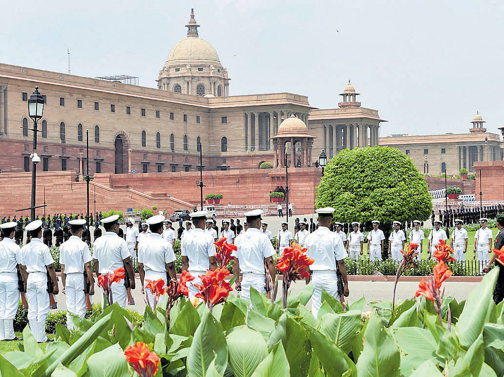 Defence personnel participate in a full dress rehearsal of President-elect Ram Nath Kovind's oath-taking ceremony at Raisina Hill in New Delhi on Saturday. He takes over as the 14th President from Pranab Mukherjee on Tuesday. PTI