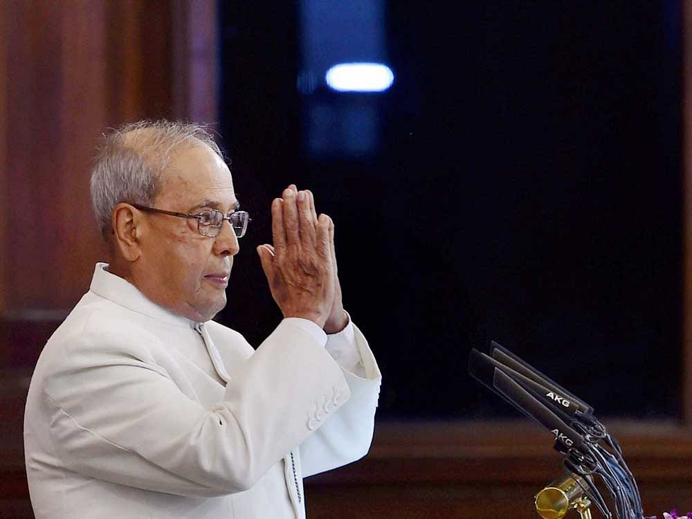 President Pranab Mukherjee gestures after his speech during his farewell ceremony in the Central Hall of Parliament in New Delhi on Sunday. PTI photo