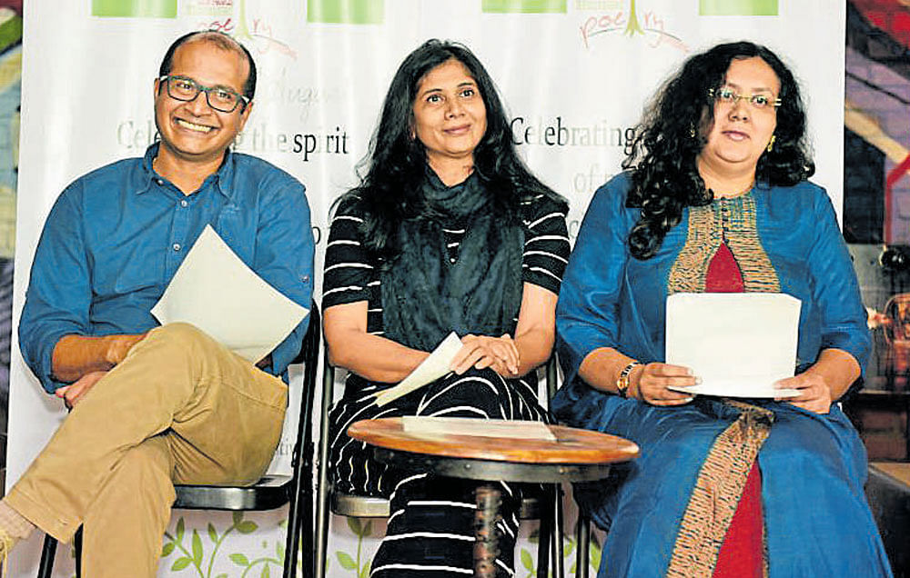 Subodh Sankar, co-founder Atta Galatta, Shinie Antony, festival director and Lakshmi Sankar, co-founder Atta Galatta at the announcement of Bangalore Poetry Festival on Monday. DH photo