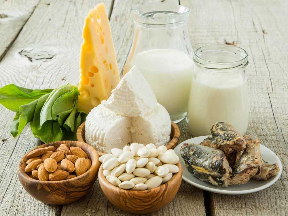Selection of food that is rich in calcium, copy space.