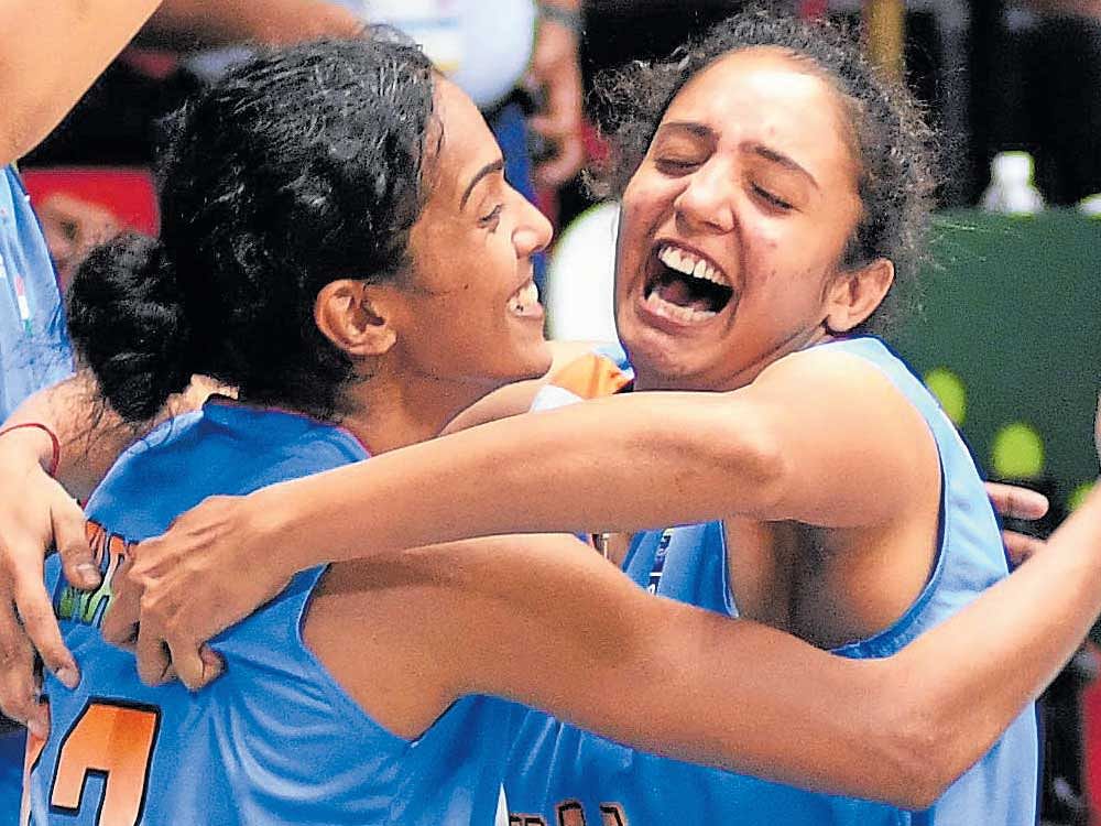 ECSTATIC: India's Jeena Skaria (left) and Raj Priyadarshini celebrate after their win against Lebanon. DH Photo/ Srikanta Sharma R