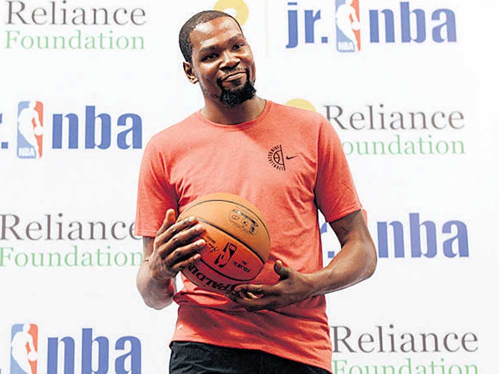 champ in town NBA&#8200;star Kevin Durant of the Golden State Warriors during a promotional event on Friday. PTI