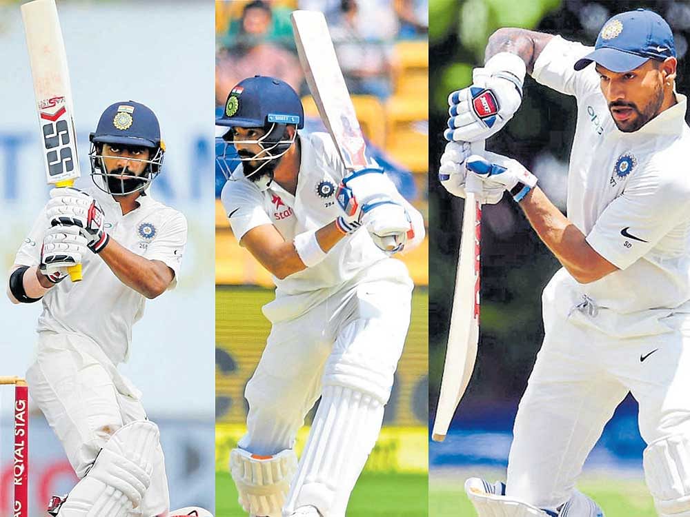 (From left) Abhinav Mukund, KL Rahul and Shikhar Dhawan will all be vying for the opening slots for the second Test. Agencies