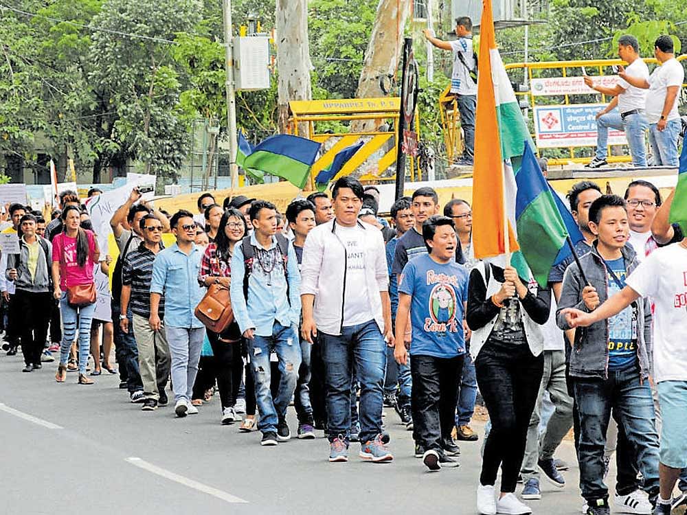 Gorkhas take out a march as part of the global 'Gorkhaland Unity March' in Bengaluru on  Sunday. DH&#8200;photo