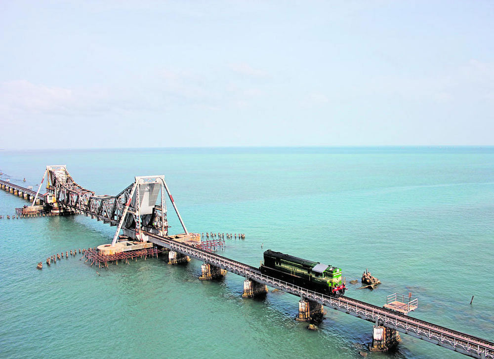 over the sea Pamban Bridge, a railway bridge that connects Rameswaram island to the mainland. Photos by author