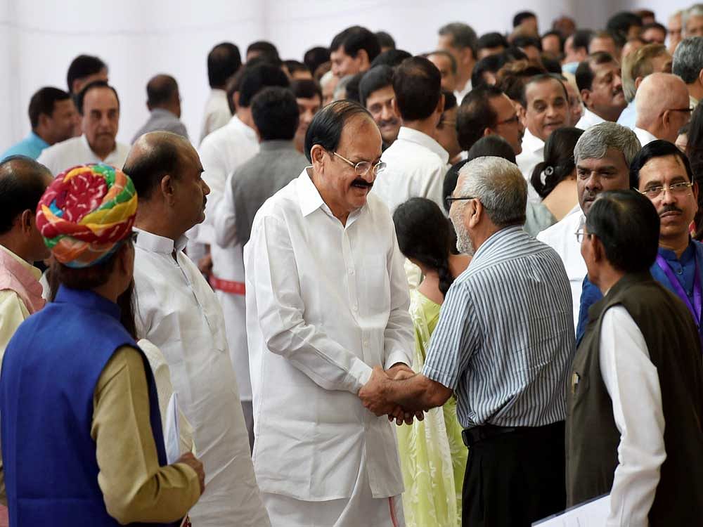 NDA vice-presidential candidate Venkaiah Naidu at the Parliament House for the Vice Presidential Election, in New Delhi on Saturday. PTI Photo