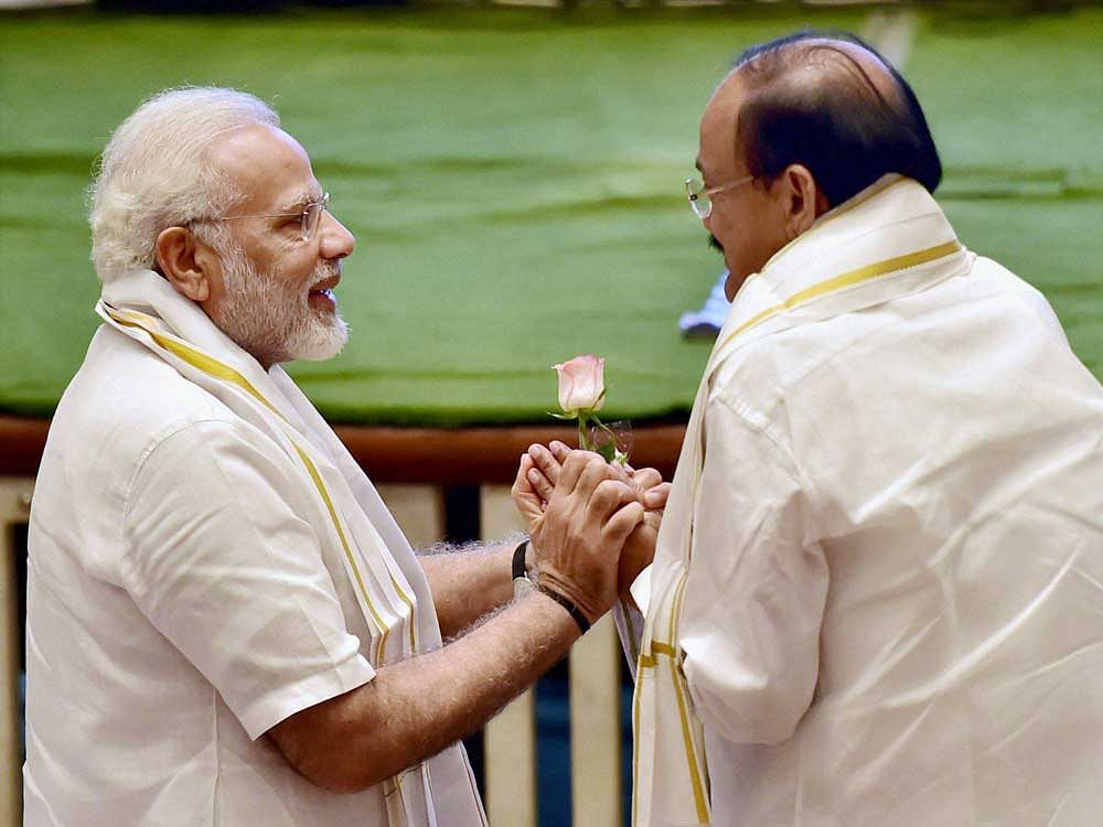 The prime minister's message came immediately after Naidu, the ruling NDA's candidate, was declared winner in the vice presidential polls, bagging 516 votes out of total 771 votes cast. PTI Photo