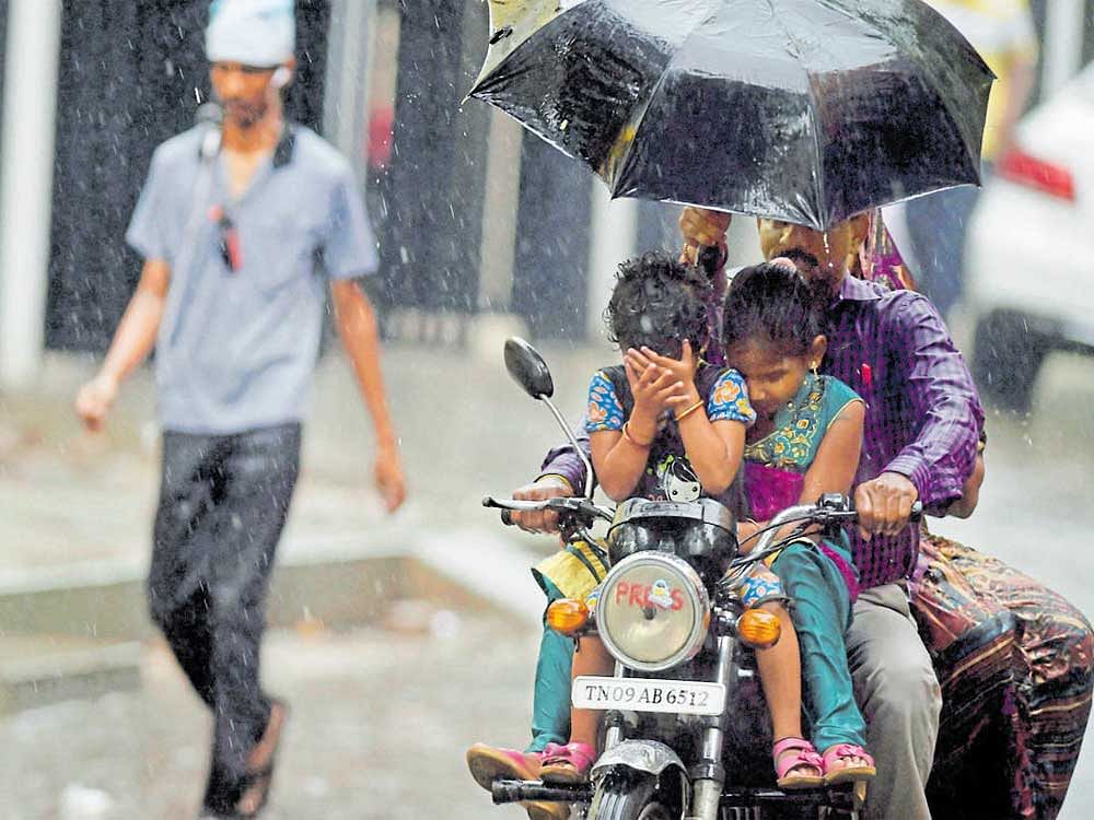 Motorists were caught unawares in an arterial road of Chennai on Saturday as sudden showers cooled down the temperature across the city which has been reeling under scorching heat over the last few weeks. PTI Photo