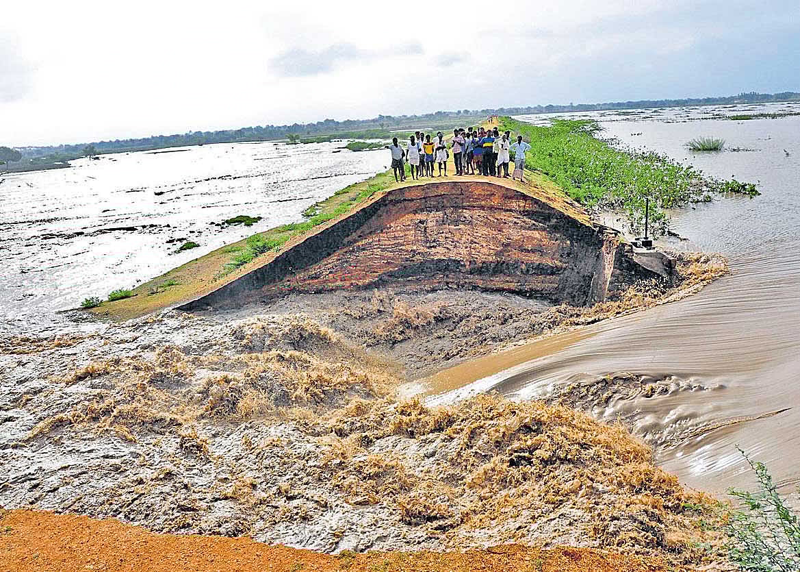 Tank breach washes away crops in Hagaribommanahalli