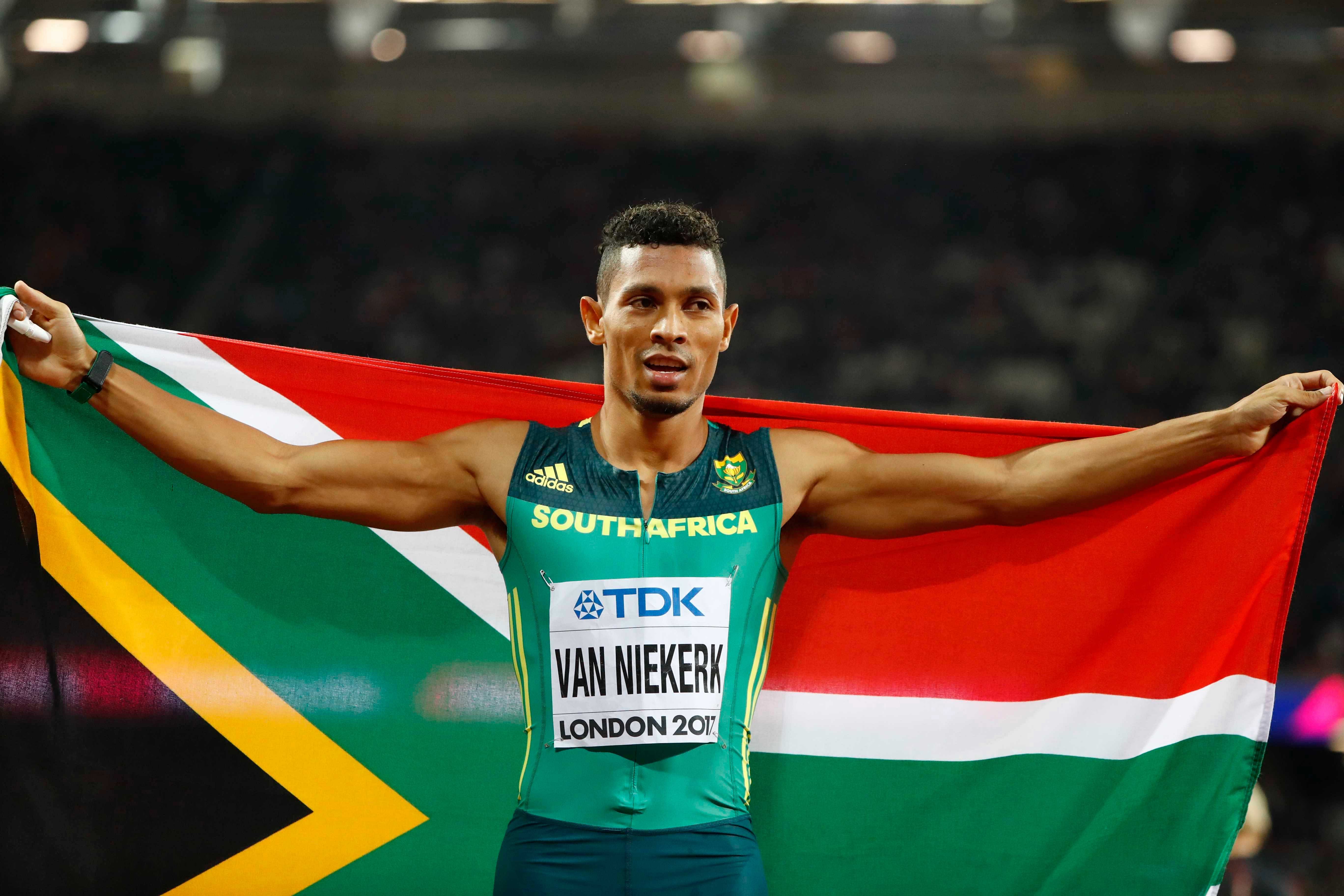 World Athletics Championships, men's 400 metres final, London Stadium, Wayde Van Niekerk of South Africa celebrates winning gold. REUTERS