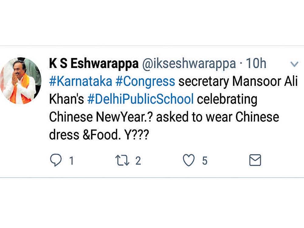 The official Twitter handle of the Leader of the Opposition in the Legislative Council K S Eshwarappa tweeted asking why the school was celebrating Chinese New Year and asking  children to wear the traditional Chinese attire.