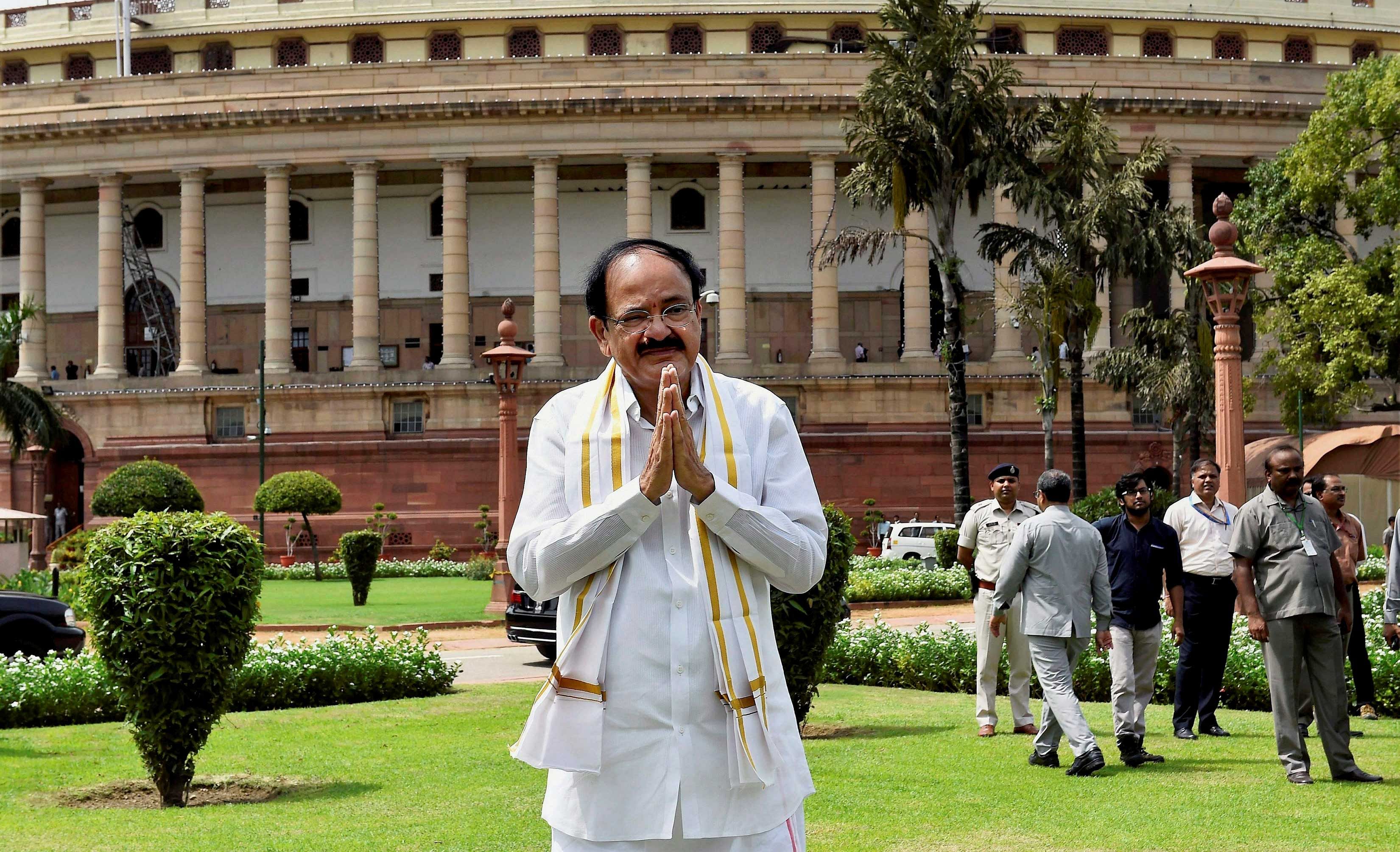 Venkaiah Naidu at Parliament after taking oath as Vice President in New Delhi on Friday. PTI photo