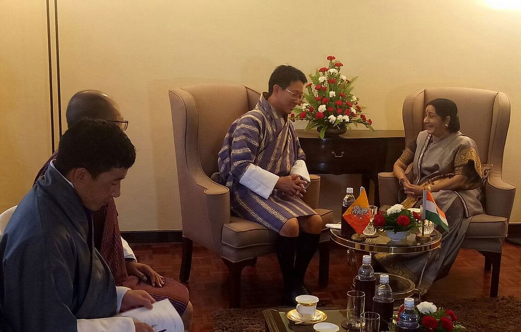 Sushma Swaraj meets Bhutanese Foreign Minster Damcho Dorji. Twitter photo.