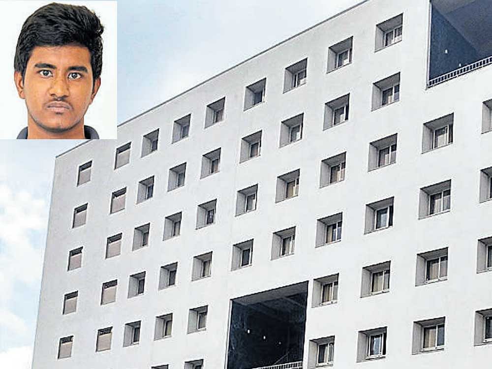 The hostel building of IIIT-B in Electronics City, from whose seventh floor Goluguri Sai Sharath (inset) jumped to his death in the early hours of Friday. dh photo