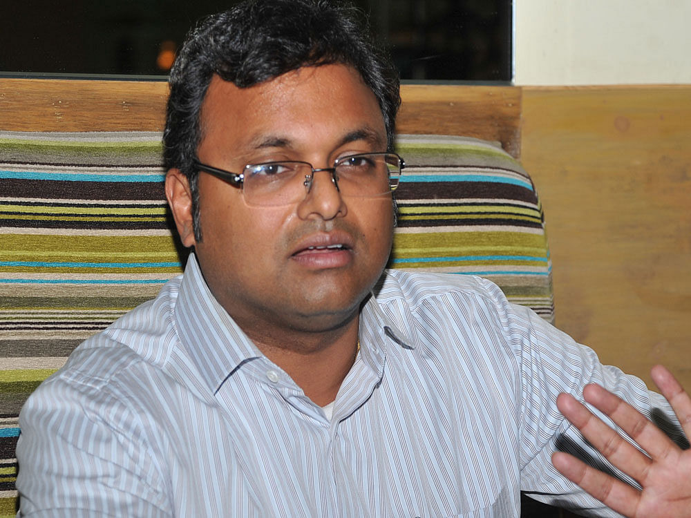 Karti Chidambaram is among the people named in a corruption probe by the CBI, and a lookout notice had been issued agaisnt him by the Centre to prevent him from leaving the country. DH file photo.