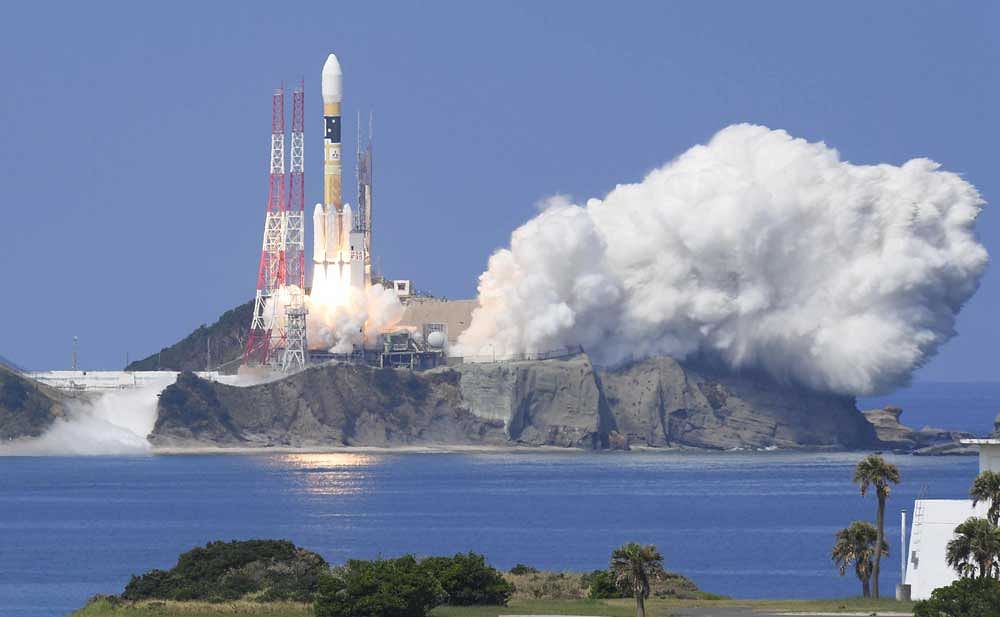 A H-IIA rocket carrying Michibiki 3 satellite, one of four satellites that will augment regional navigational systems, lifts off from the launching pad at Tanegashima Space Center on the southwestern island of Tanegashima, Japan. Photo credit: Kyodo/Reuters.