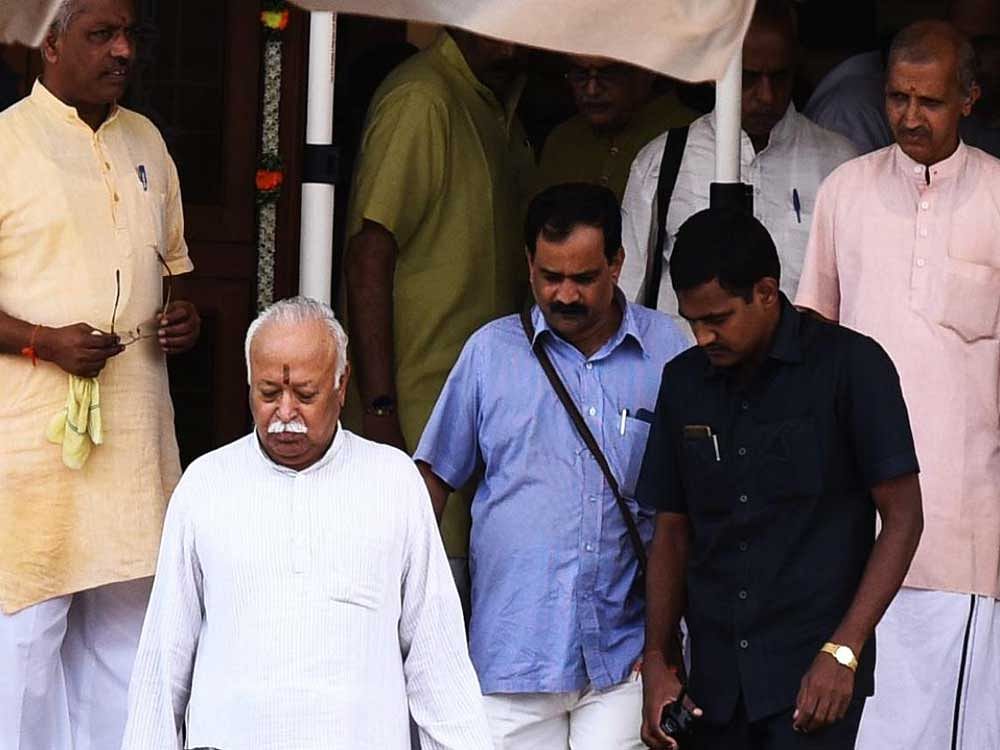 RSS&#8200;chief Mohan Bhagwat comes out of RSS&#8200;office 'Keshav Kunj' at Rajdhani Colony on Gokul Road in Hubballi on Saturday. DH Photo