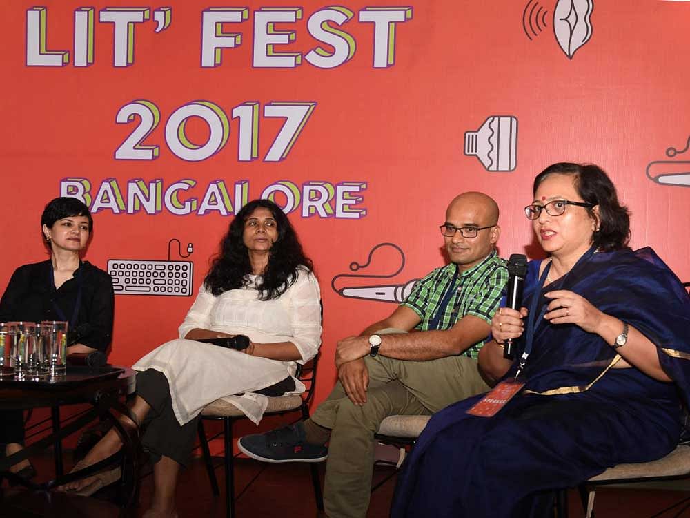 From right : Authors Madhavi Mahadevan,Vasudhendra, Shinie Antony , Jahnavi Barua at panel discussion during the Lit Fest in Bengaluru on Sunday.DH PHOTO Kishor Kumar Bolar