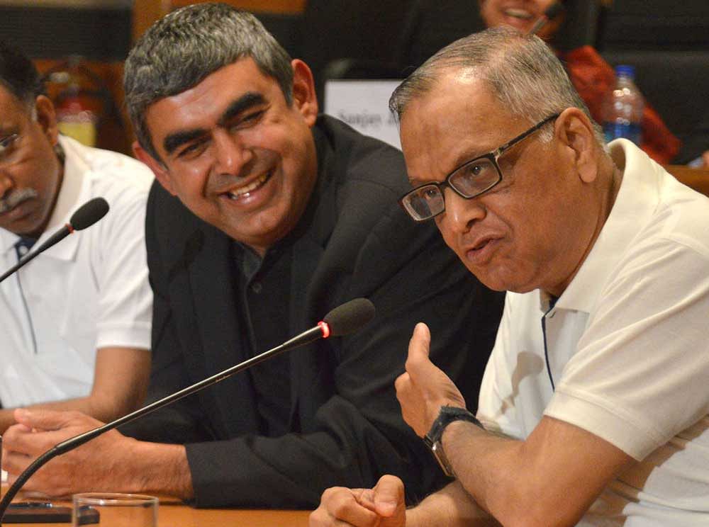 Vishal Sikka with Infosys promoter founder Narayan Murthy. DH file photo