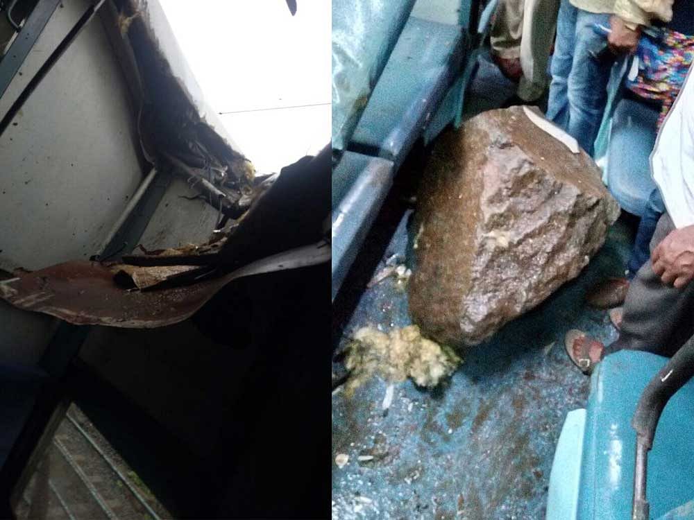 The boulder that crashed into the Hubli Express. DH Photo