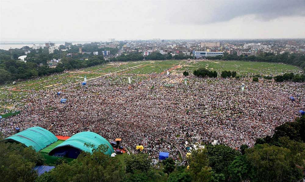 Aerial view of RJD's rally 'BJP Bhagao, Desh Bachao' at Gandhi Maidan in Patna on Sunday. PTI