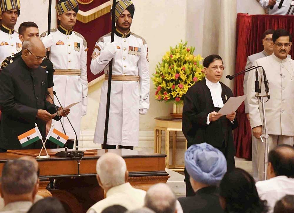 At a brief ceremony in the Darbar Hall of Rashtrapati Bhawan, President Ramnath Kovind administered the oath of office to Misra. Justice Misra took the oath in English in the name of God. Photo credit: twitter