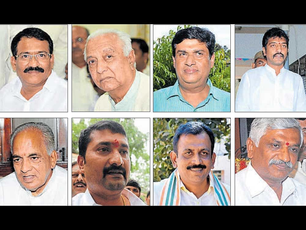 (From top left) R B Thimmapur, Allum Veerabhadrappa, N Appaji Gowda, Raghu Achar, N S Boseraju, C R Manohar,  S Ravi and M D Lakshminarayana