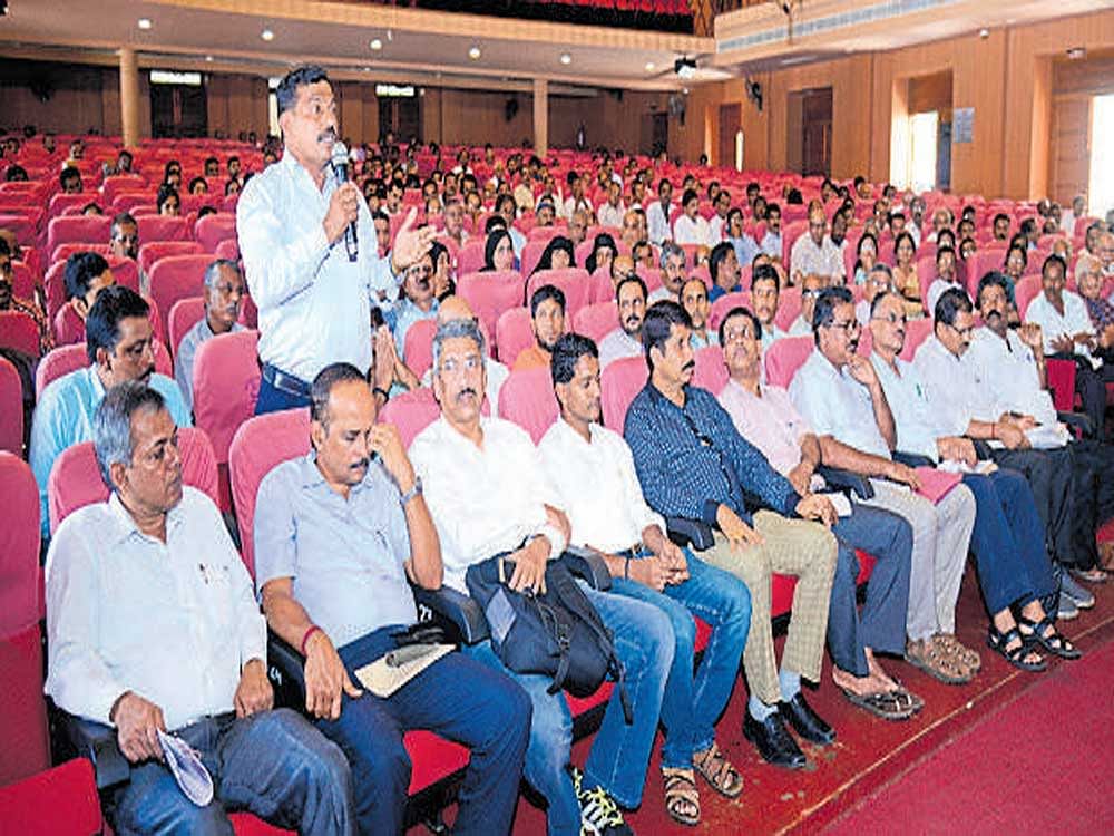 A land holder speaks during a meeting organised to seek opinion on the gas pipeline project, at Town Hall in Mangaluru on Thursday.