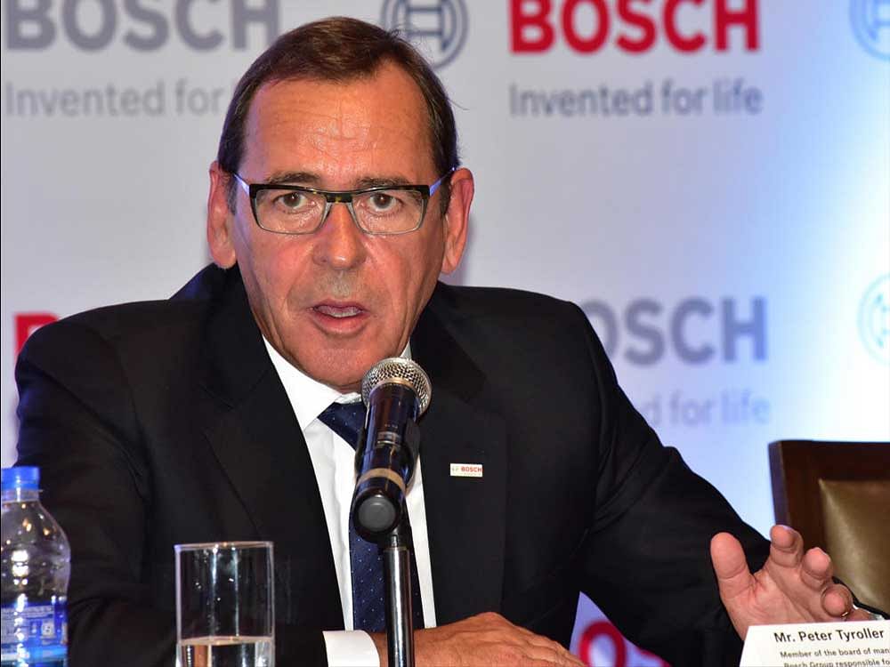Peter Tyroller, Member of the Board of management of the Bosch Group, Responsible for Asia Pacific addressing at the press conference, at Taj Vivanta in Bengaluru on Friday, Photo/ B H Shivakumar