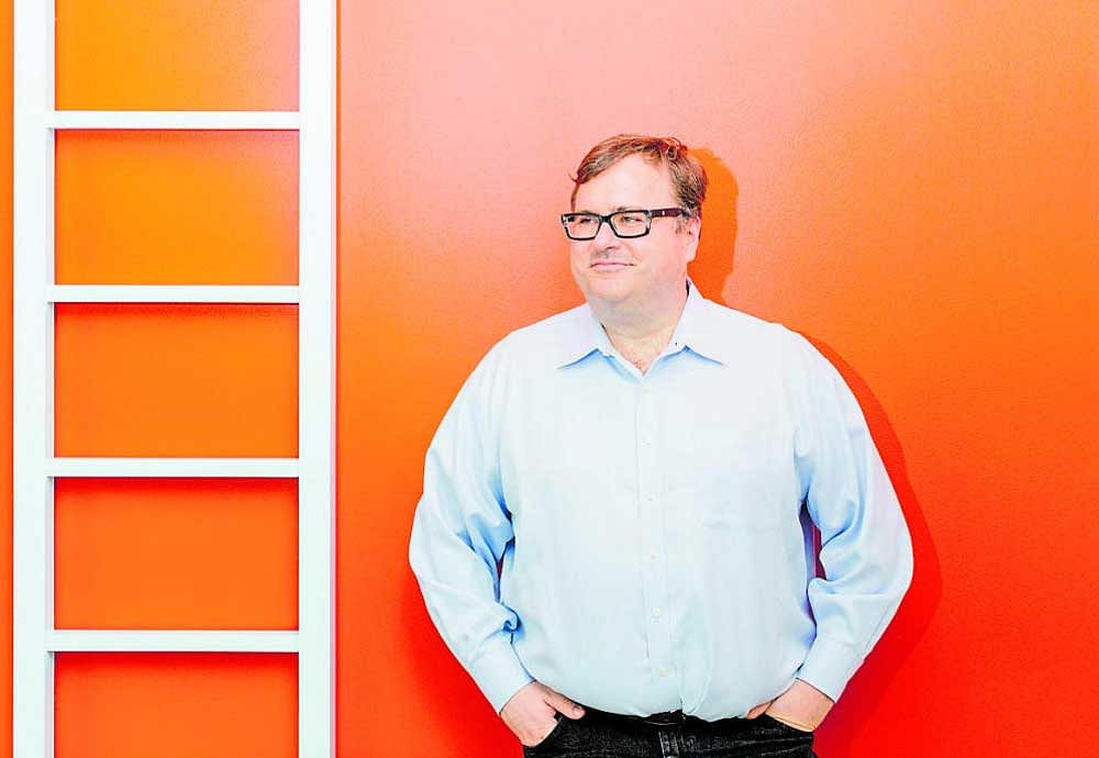 fighting the good fight: Reid Hoffman, the founder of LinkedIn, at the company's offices in Sunnyvale, California.. Hoffman is funding groups such as Win the Future, Change.org, Vote.org etc, to create a bulwark against President Donald Trump's agenda. nyt