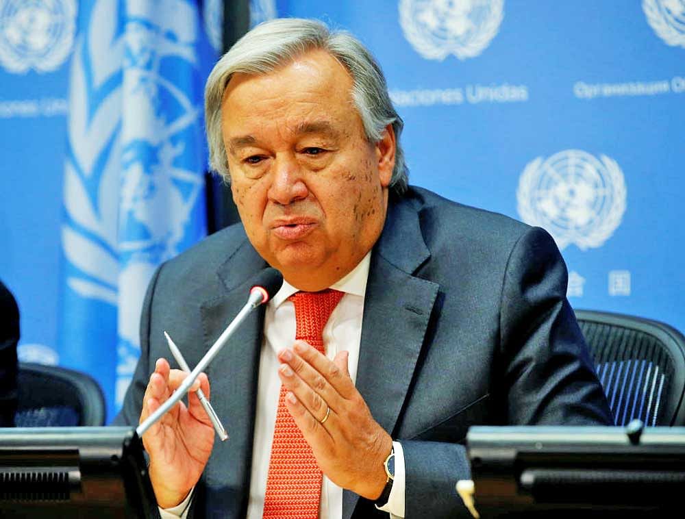 UN Secretary General Antonio Guterres speaks at a news conference ahead of the 72nd United Nations General Assembly at U.N. headquarters in New York, September 13, 2017. REUTERS