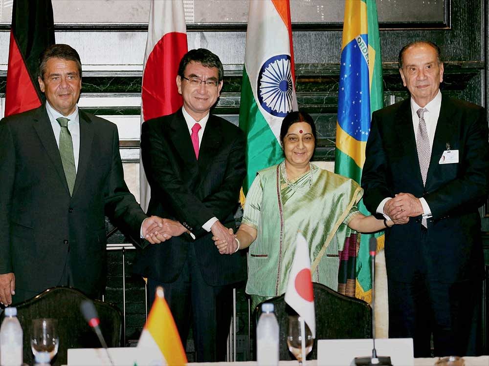 External Affairs Minister Sushma Swaraj, Brazilian Foreign Relations Minister Aloysio Nunes, German Foreign Minister Sigmar Gabriel and Japanese Foreign Minister Taro Kono during a meeting of G4 countries in New York on Wednesday. PTI Photo