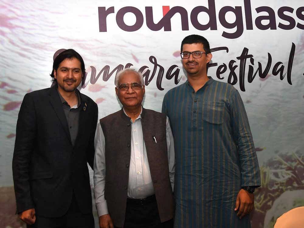 From left: Grammy Award winner Ricky Kej, NIAS director Prof Baldev Raj and co-founder & principal at Smarter Dharma Karthik Ponnapa at a press conference to host India's largest environment and sustainability festival 'Roundglass Samsara' on Thursday