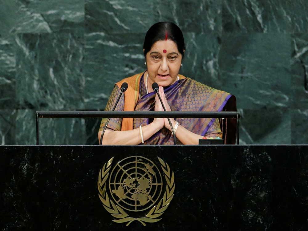 Indian External Affairs Minister Swaraj addresses the 72nd United Nations General Assembly at U.N. headquarters in New York