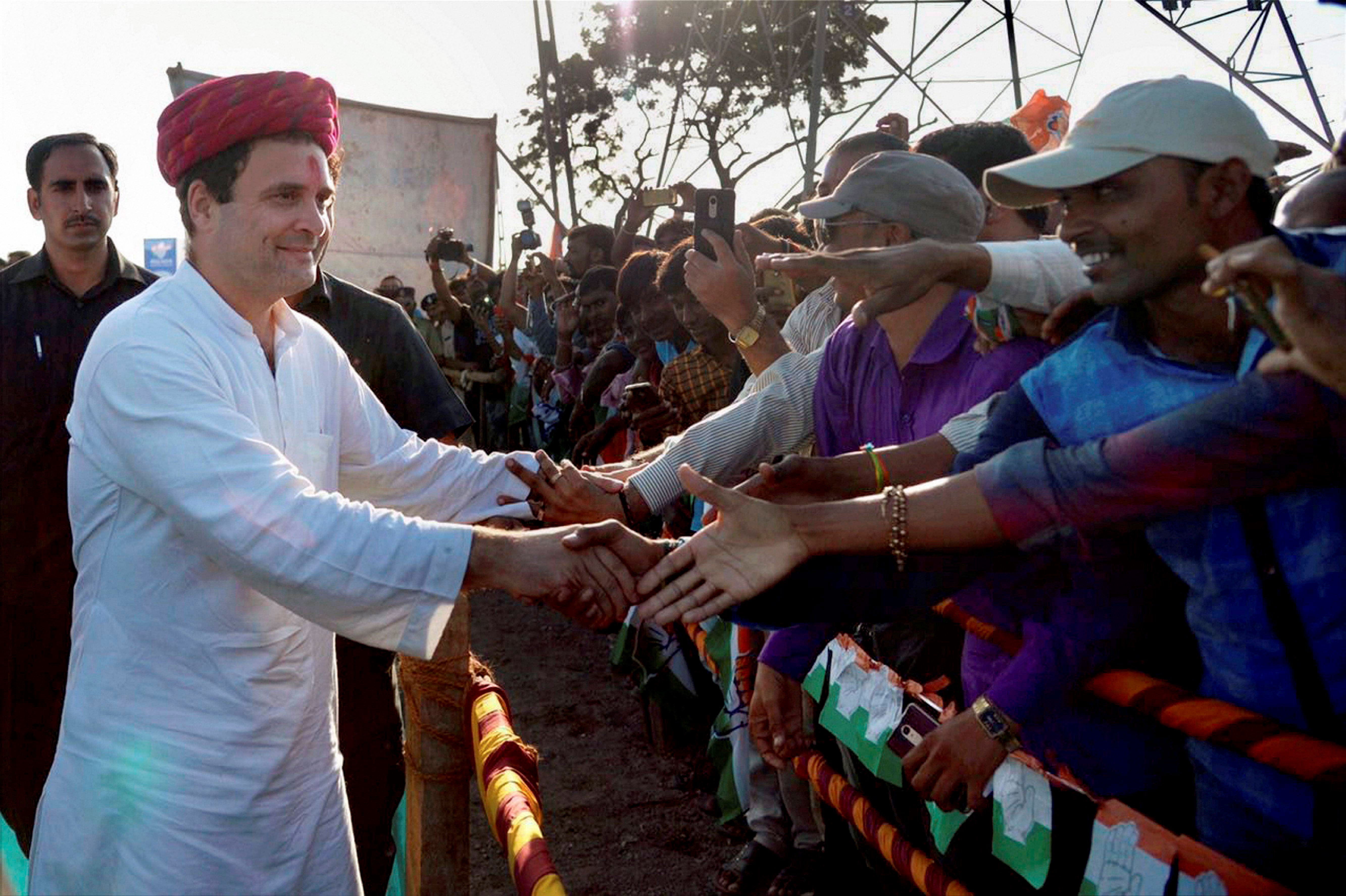 Congress vice president Rahul Gandhi meeting the supporters during his visit to Dwarka in Gujarat on Monday. PTI Photo