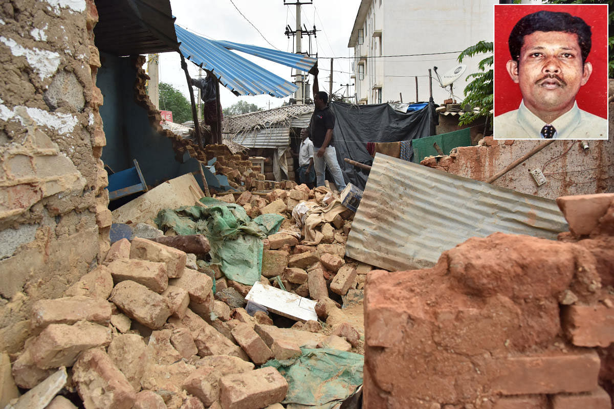 The wall of a house that collapsed on Friday night at Jai Bhimanagar slum near Mahadevapura, killing Raju (inset). DH photo