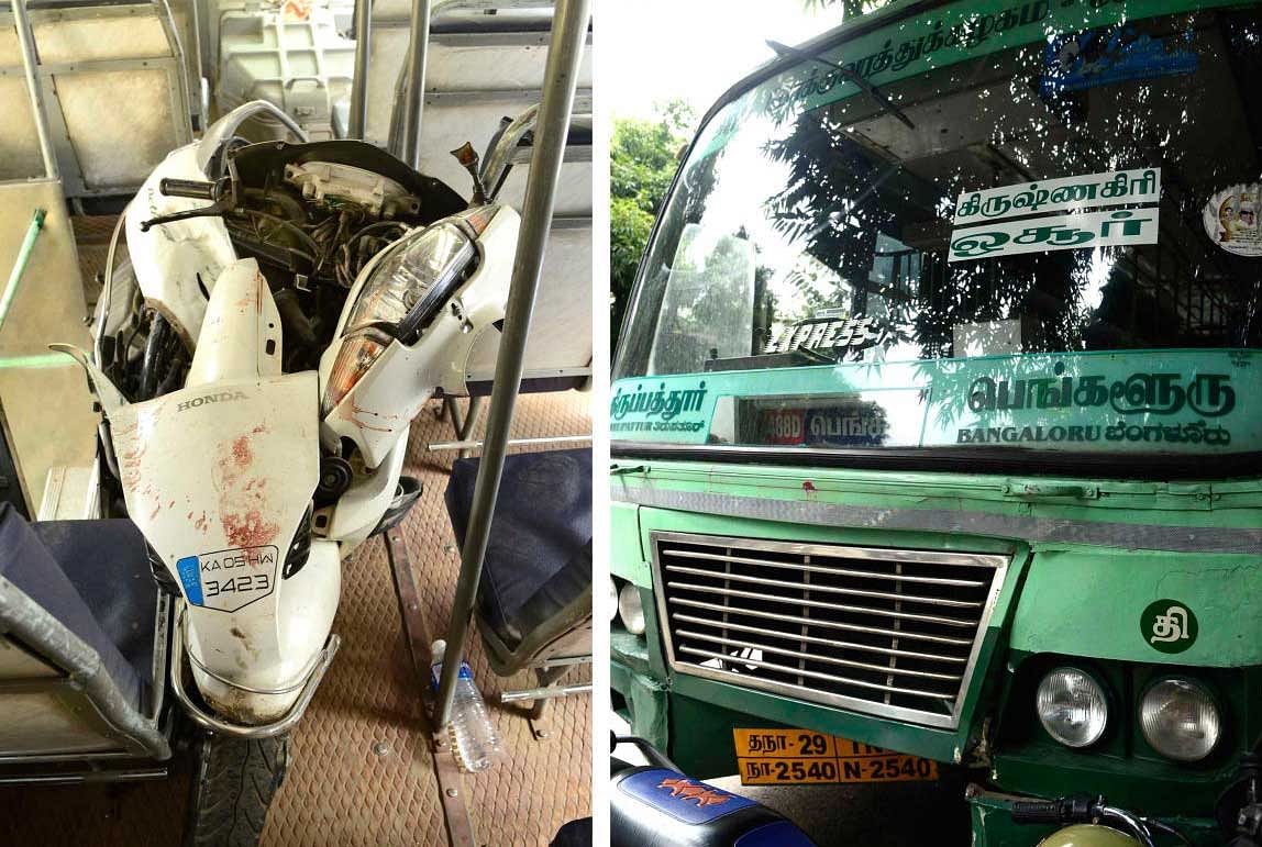 Vehicle of Couple killed and their minor kid injured when bus belong to Tamil Nadu State Road Transport hit their motorcycle on City Market flyover on Tuesday wee hours, after BBMP put cement concrete on Pot hole, in Bengaluru.