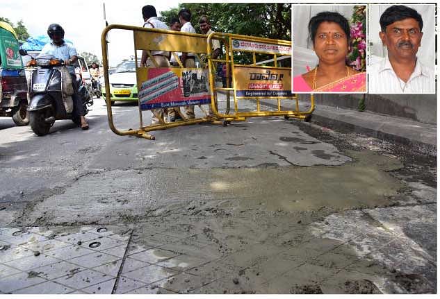 The accident spot where Couple Sagay Mery and Antony Joseph (inset) killed and their minor kid injured when bus belong to Tamil Nadu State Road Transport hit their motorcycle on City Market flyover on Tuesday wee hours, after BBMP put cement concrete on Pot hole, in Bengaluru.  DH Photo