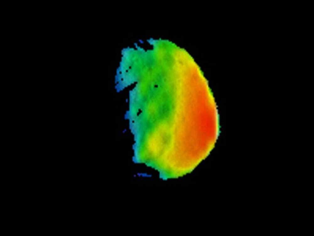 Researchers combined visible-wavelength and infrared data to produce an image color-coded for surface temperatures of this moon, which has been considered for a potential future human-mission outpost. Image courtesy Twitter