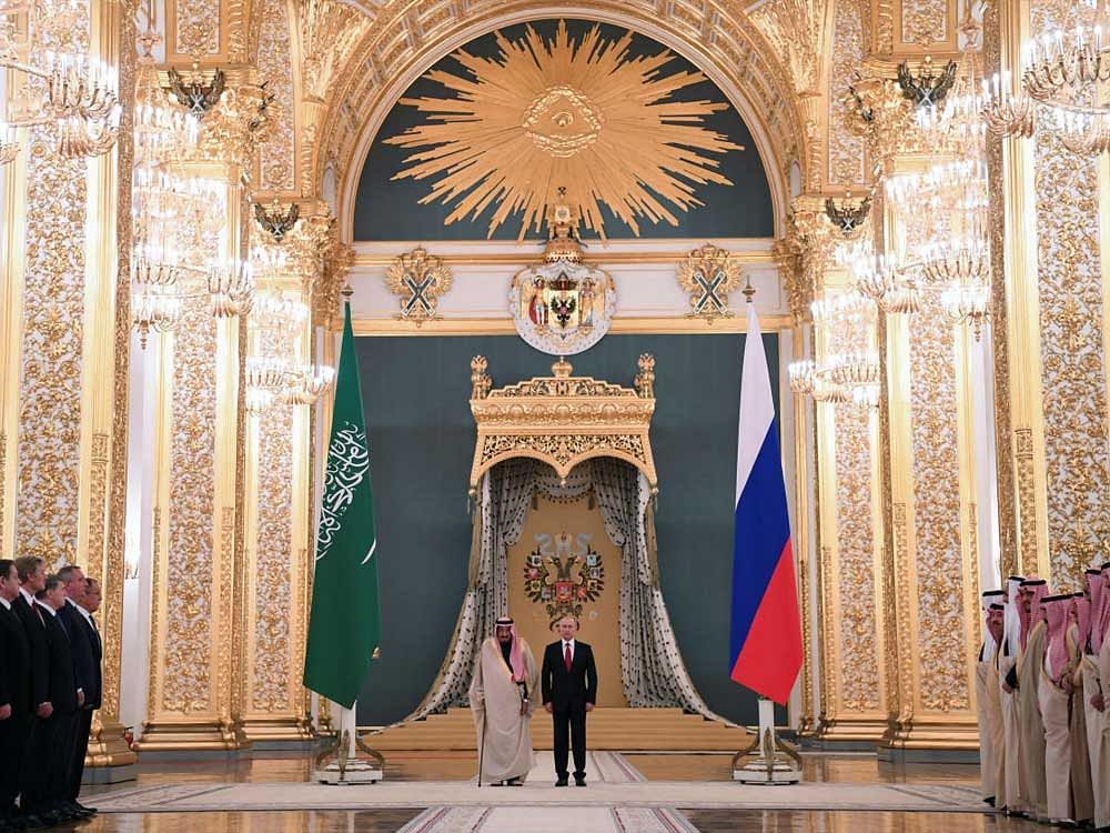 Russian President Vladimir Putin and Saudi Arabia's King Salman at the Kremlin in Moscow. The visit highlights efforts by King Salman to shift away from his country's historic reliance on the United States and diversify its international partnerships. REUTERS