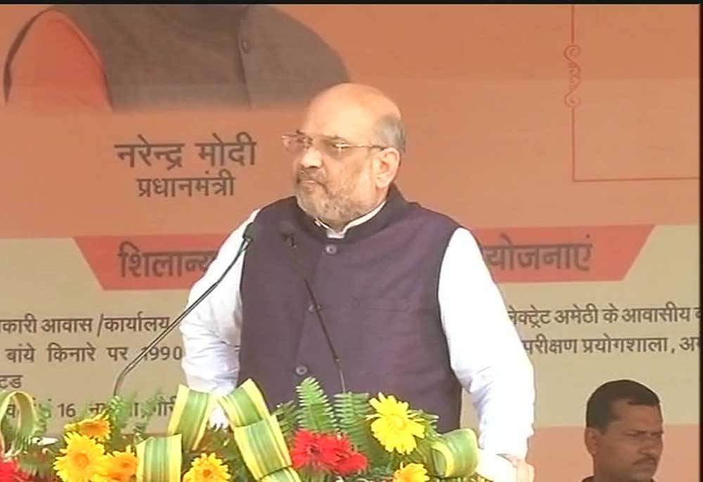 Shah also slammed Rahul for mocking the development in Gujarat by asking the Congress leader what three generations of his family had done for Amethi. Image courtesy ANI Twitter
