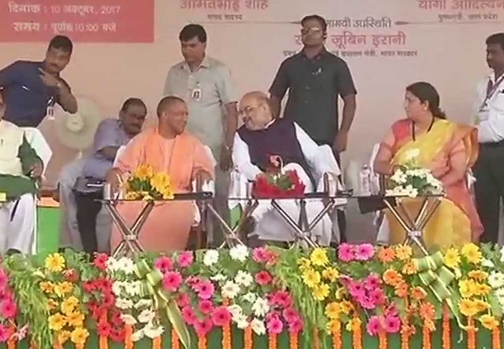 On Tuesday BJP national president Amit Shah, UP chief minister Yogi Adityanath, union minister Smriti Irani and several UP ministers stormed Amethi and launched a slew of projects while promising all round development of the constituency turning it into 'Anokhi' (unique) Amethi. Image courtesy: ANI Twitter