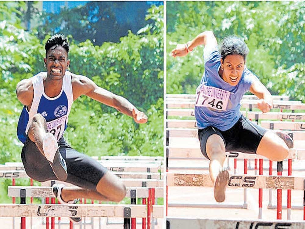 Winners Rajesh (left) of Kristu Jayanti college won the 110M hurdles while PK Tejeswini (right) of UVCE topped in the 100M hurdles on Wednesday. DH Photo