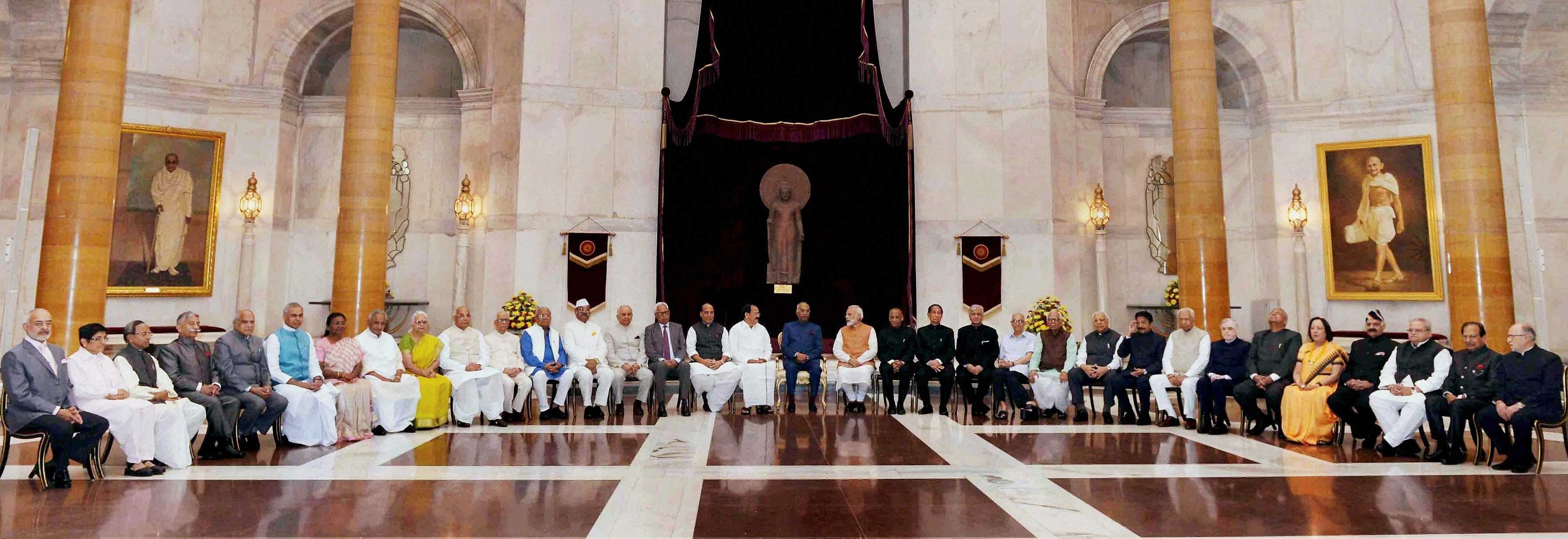 President Ram Nath Kovind poses for a group photo with Prime Minister Narendra Modi and governors during the inauguration of Conference of Governors at Rashtrapati Bhavan on Thursday. PTI photo