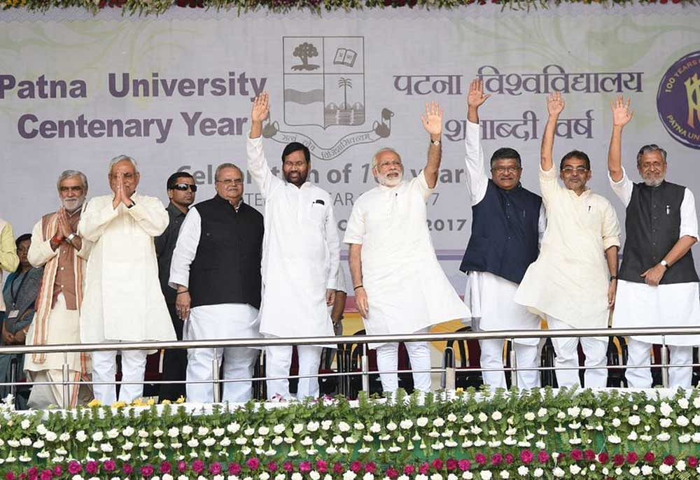 Modi attended the centenary celebrations of the Patna University (PU) here along with Kumar. Image courtesy: Twitter