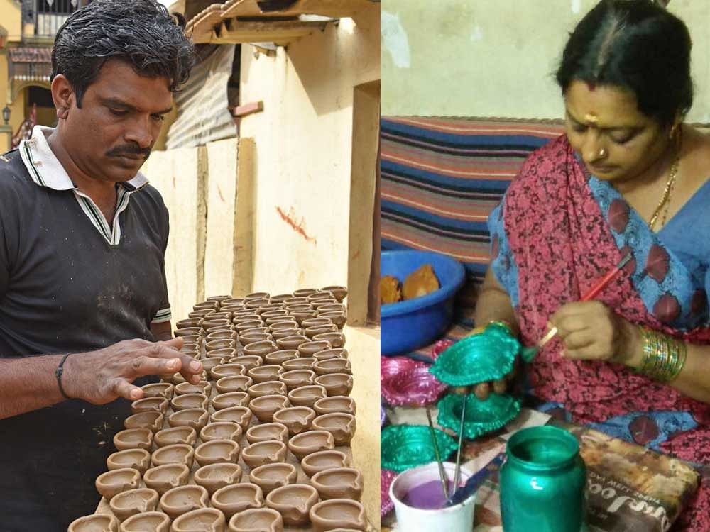 Unprecedented rains have caused a dip in the sale of 'diyas' for 'Deepavali'. (Above and below) Different varieties of lamps that have hit the market. DH